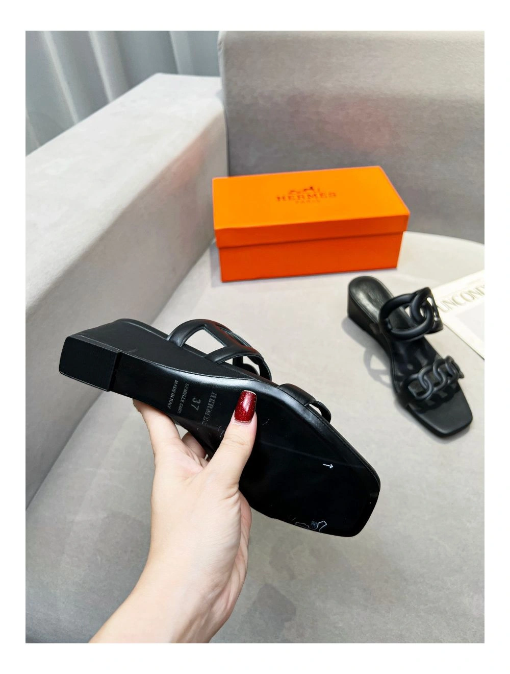 Hermes Figari 55mm Wedge Sandals In Black Nappa Leather