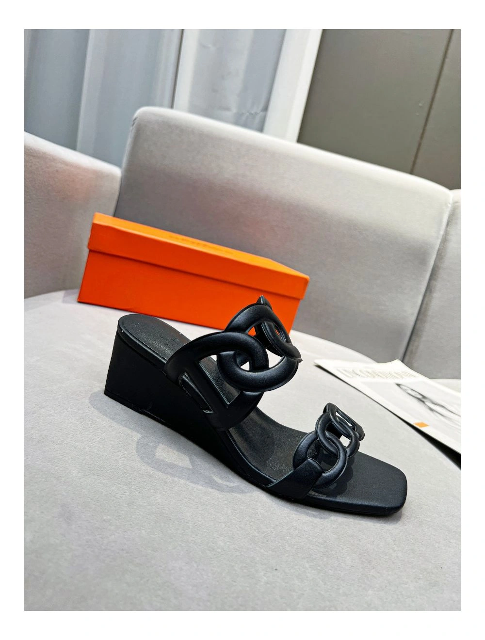 Hermes Figari 55mm Wedge Sandals In Black Nappa Leather