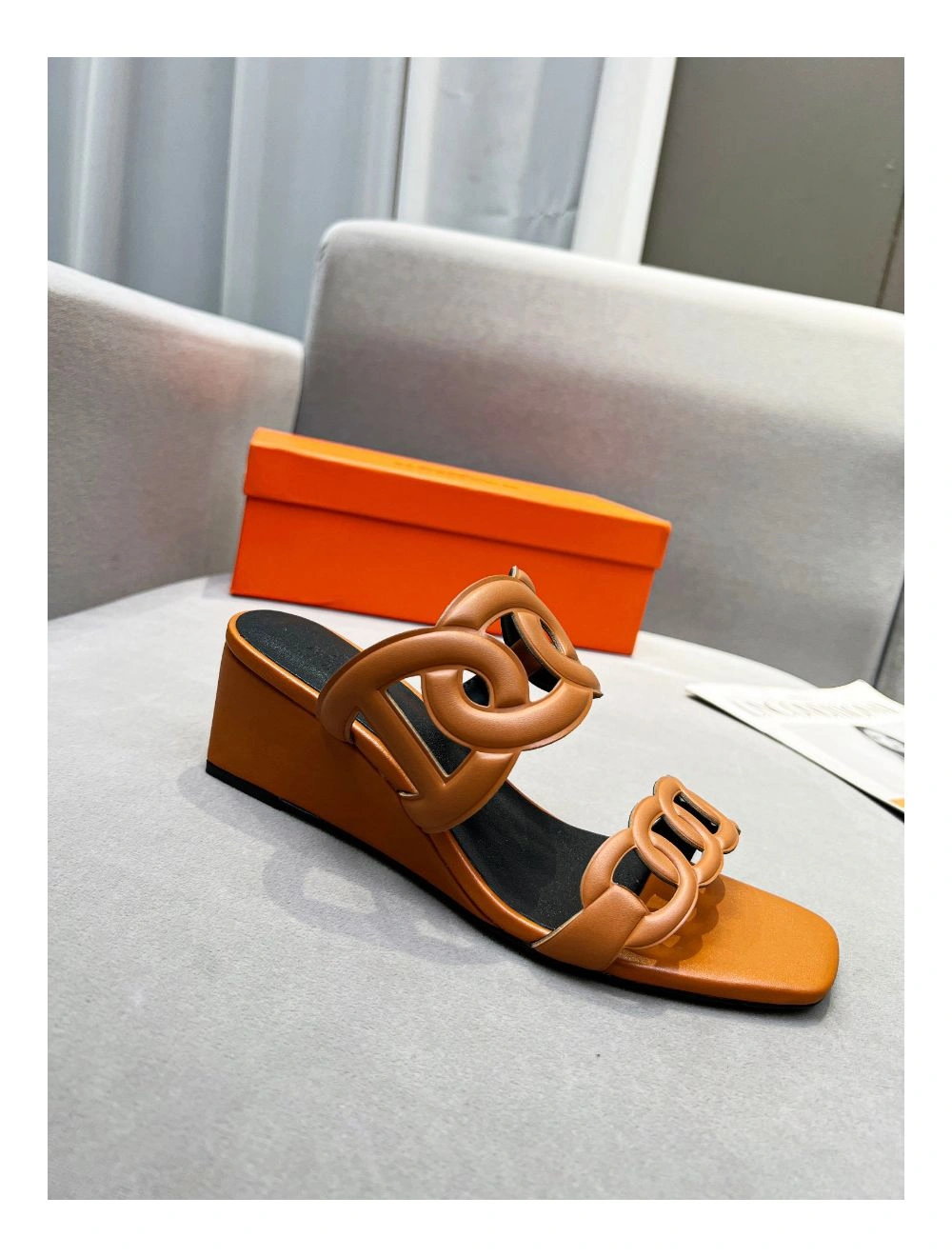 Hermes Figari 55mm Wedge Sandals In Brown Nappa Leather