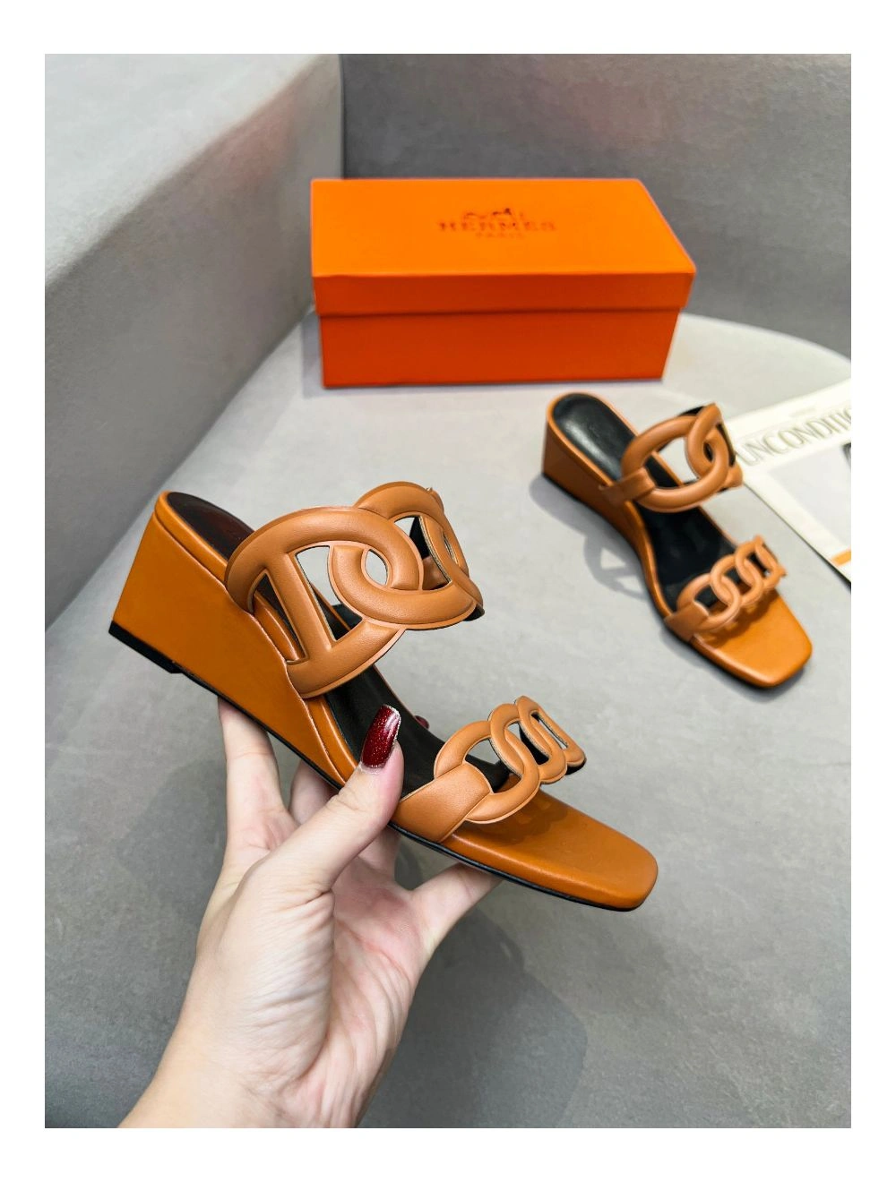 Hermes Figari 55mm Wedge Sandals In Brown Nappa Leather