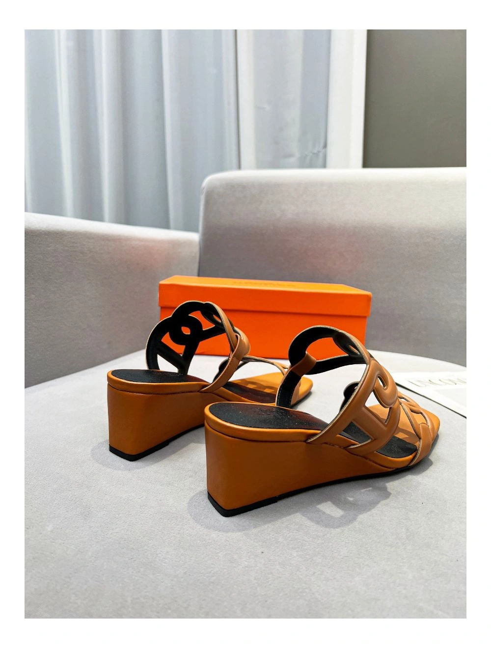 Hermes Figari 55mm Wedge Sandals In Brown Nappa Leather