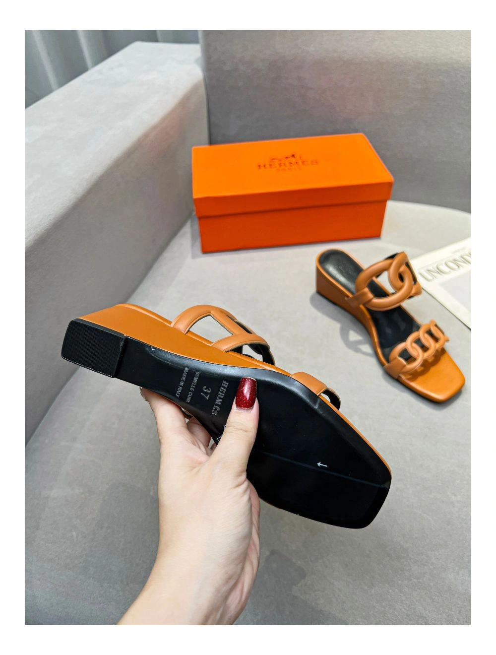 Hermes Figari 55mm Wedge Sandals In Brown Nappa Leather