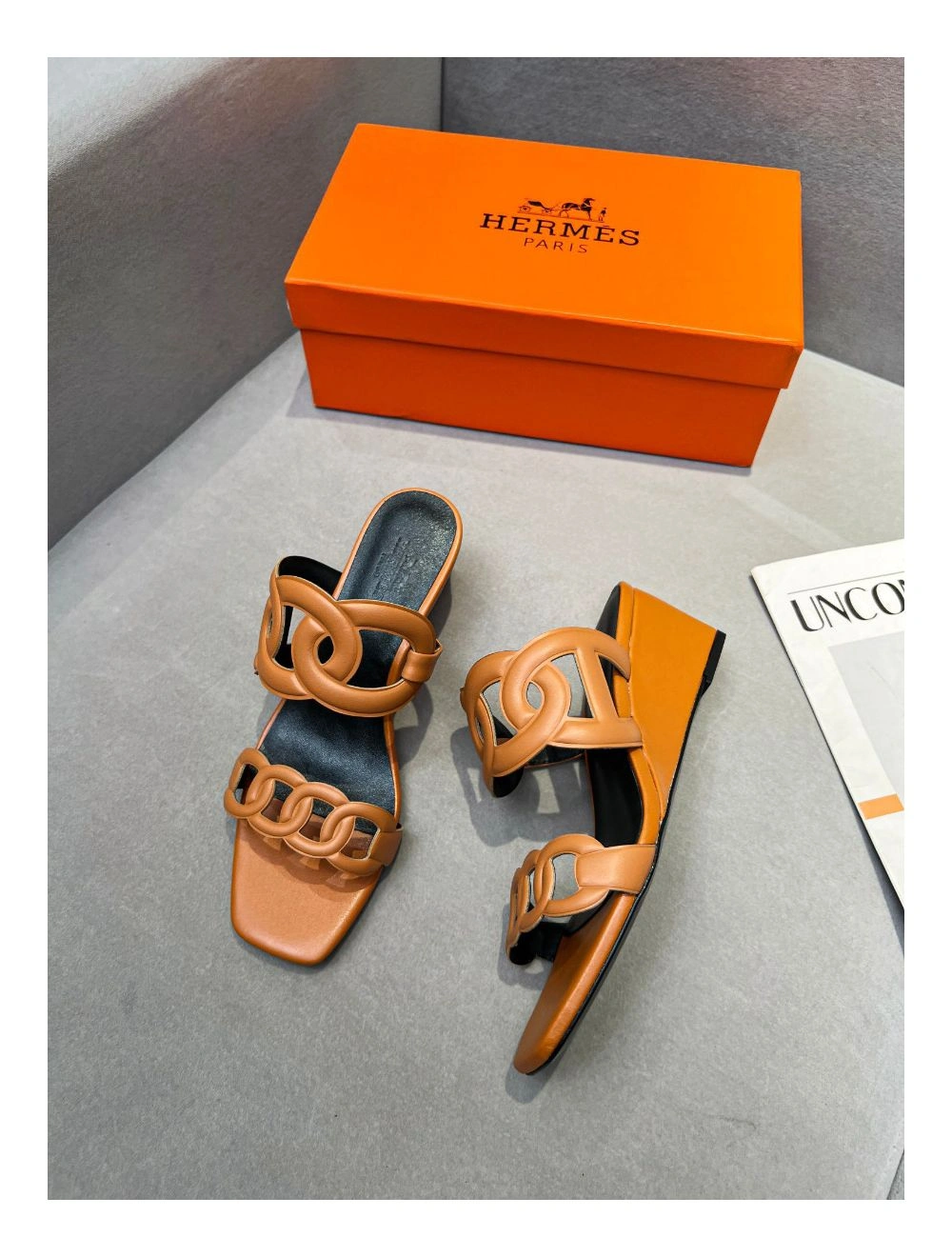 Hermes Figari 55mm Wedge Sandals In Brown Nappa Leather