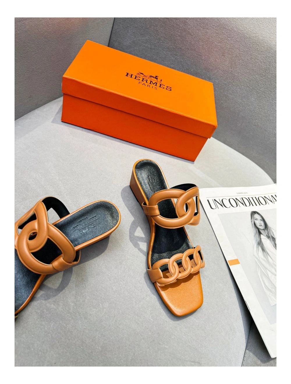 Hermes Figari 55mm Wedge Sandals In Brown Nappa Leather