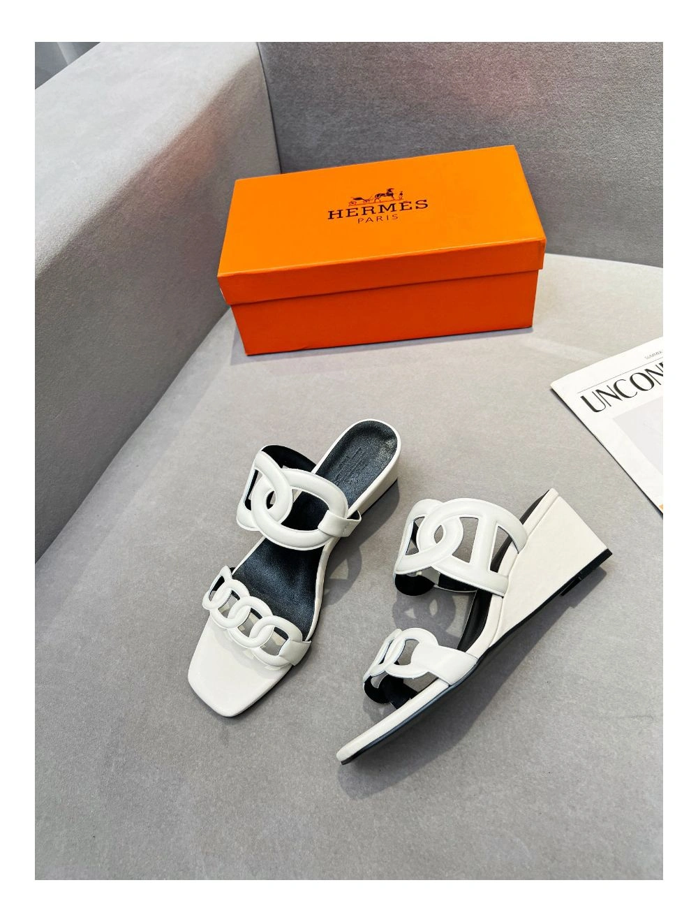 Hermes Figari 55mm Wedge Sandals In Ivory Nappa Leather