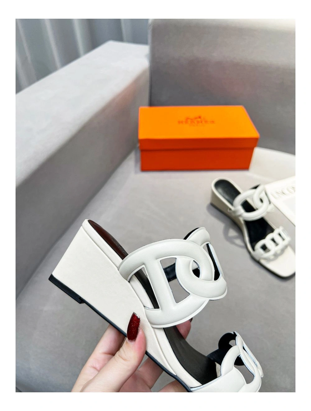 Hermes Figari 55mm Wedge Sandals In Ivory Nappa Leather