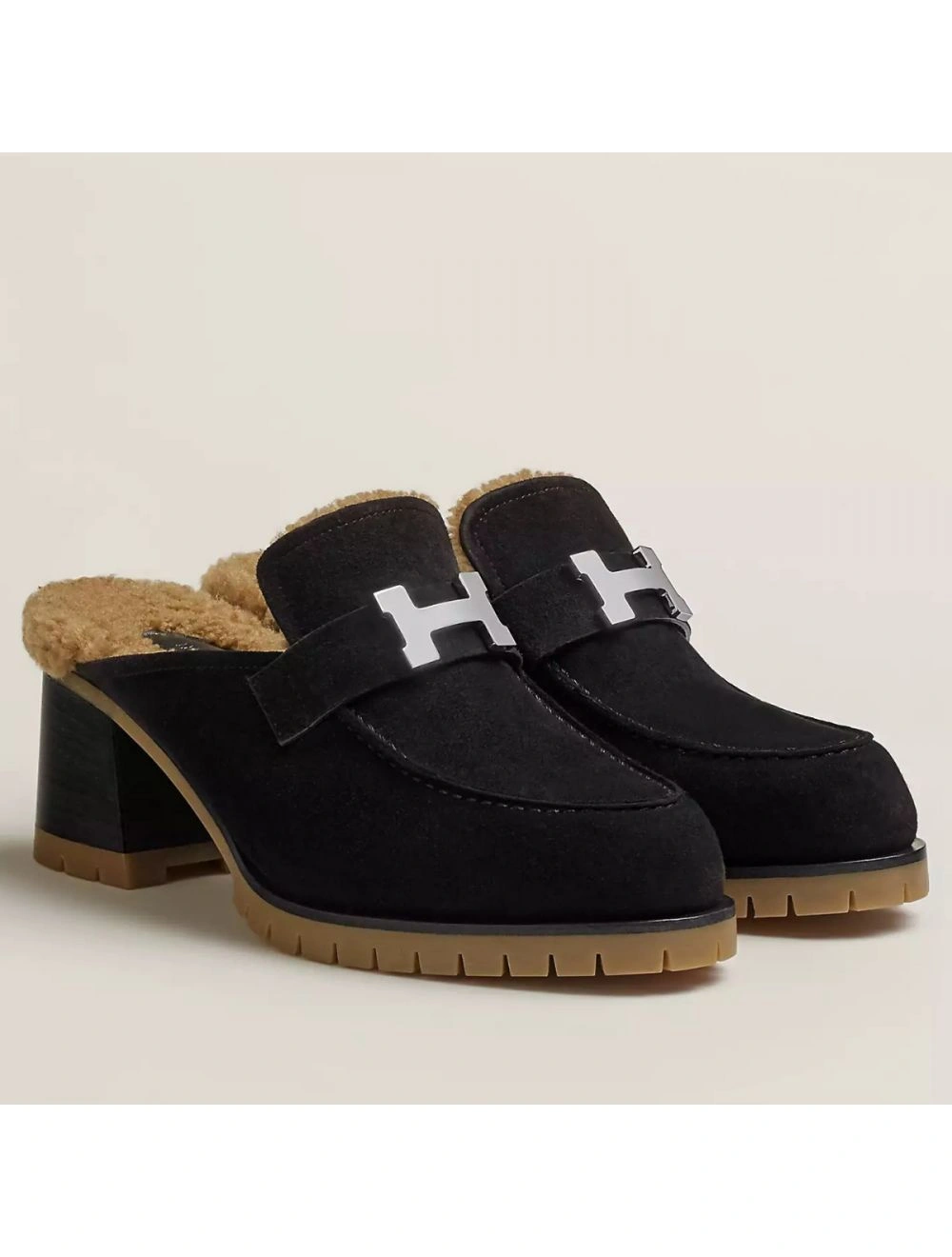 Hermes Flore 60 Mules in Black Suede with Shearling