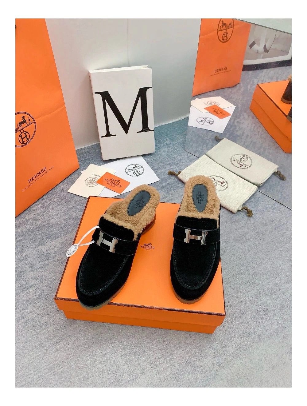 Hermes Flore 60 Mules in Black Suede with Shearling