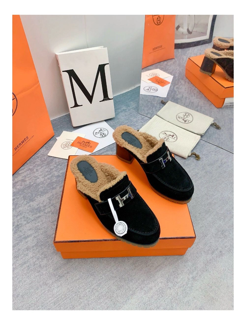 Hermes Flore 60 Mules in Black Suede with Shearling