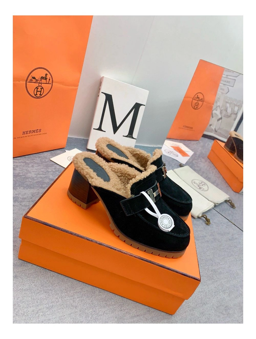 Hermes Flore 60 Mules in Black Suede with Shearling