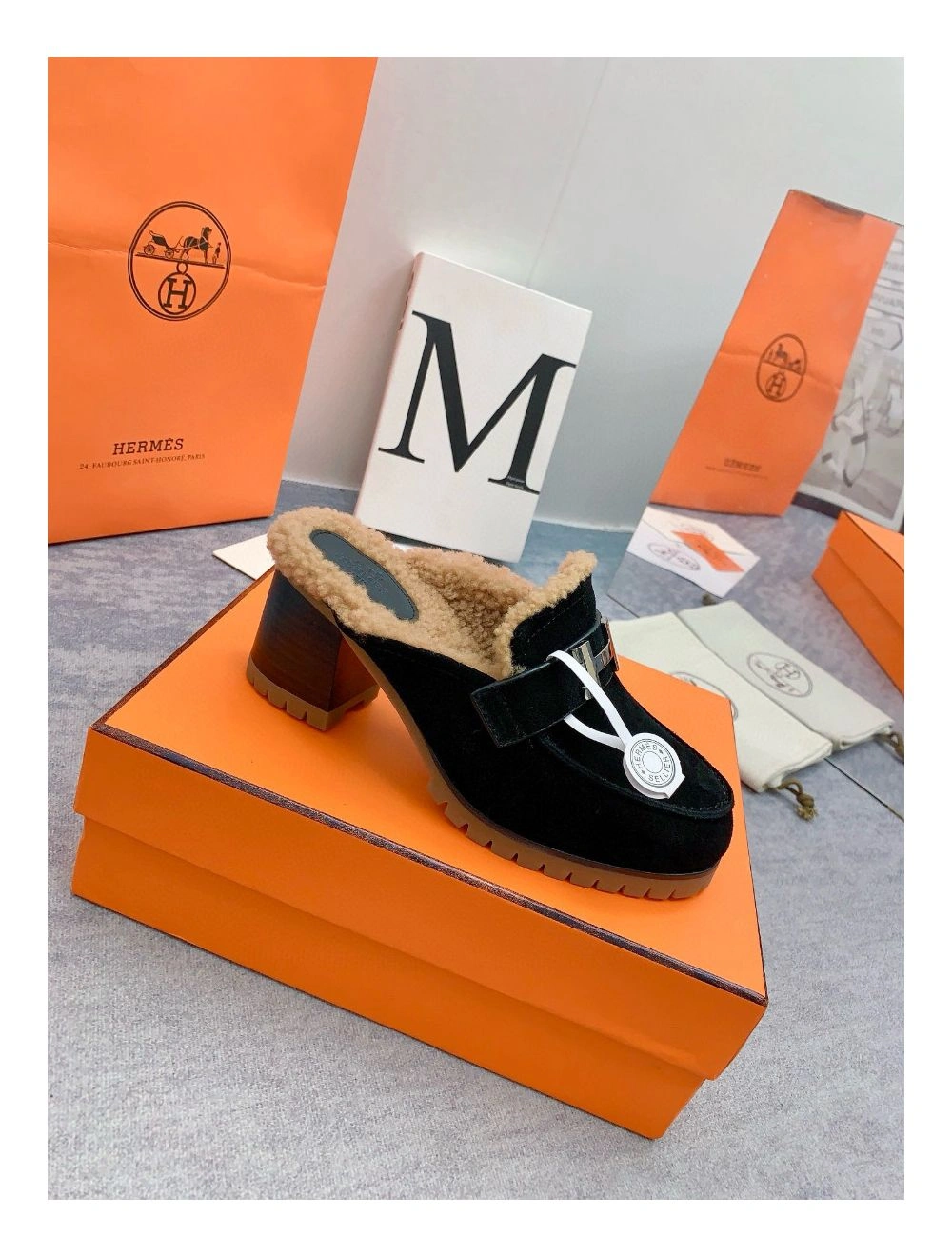 Hermes Flore 60 Mules in Black Suede with Shearling
