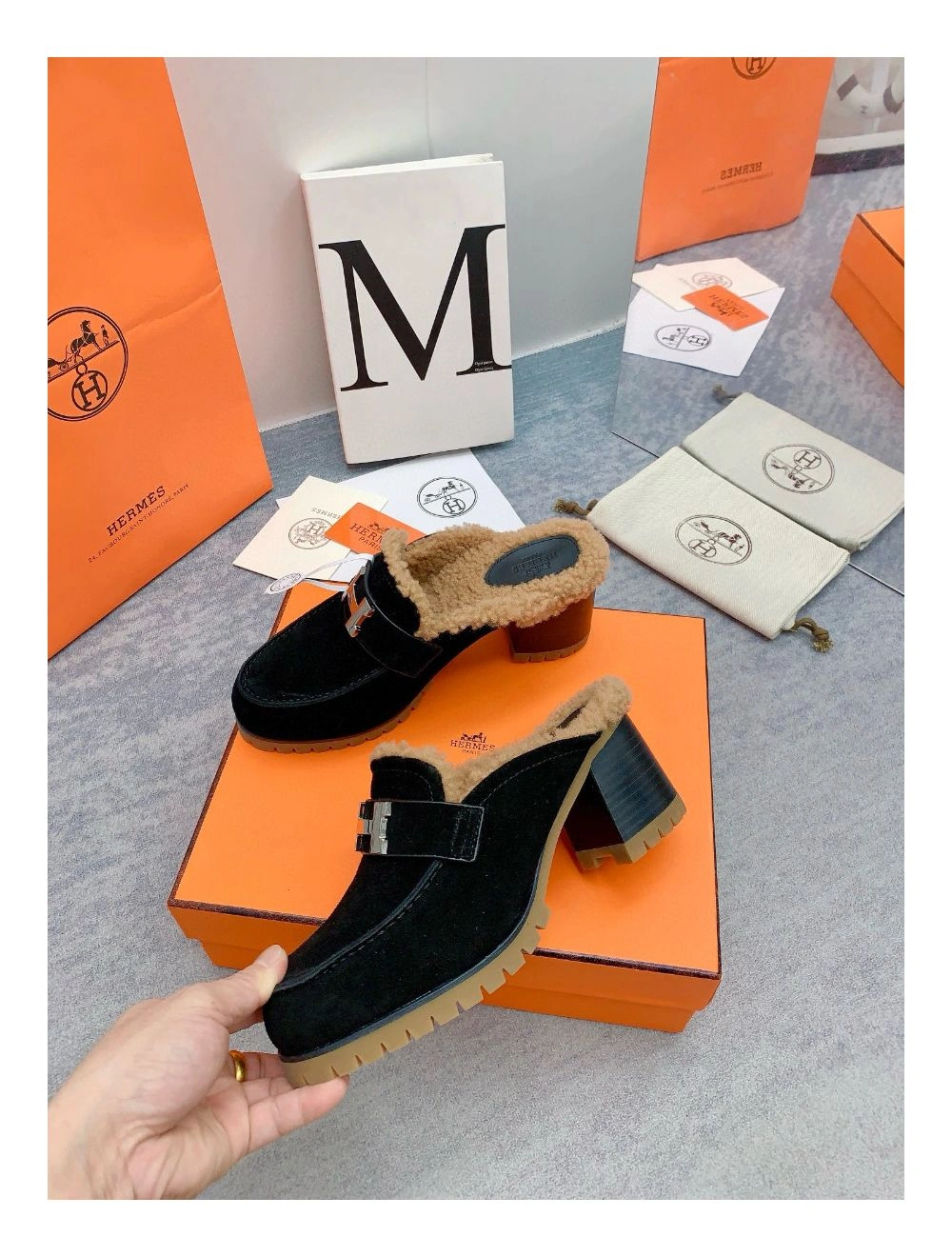 Hermes Flore 60 Mules in Black Suede with Shearling
