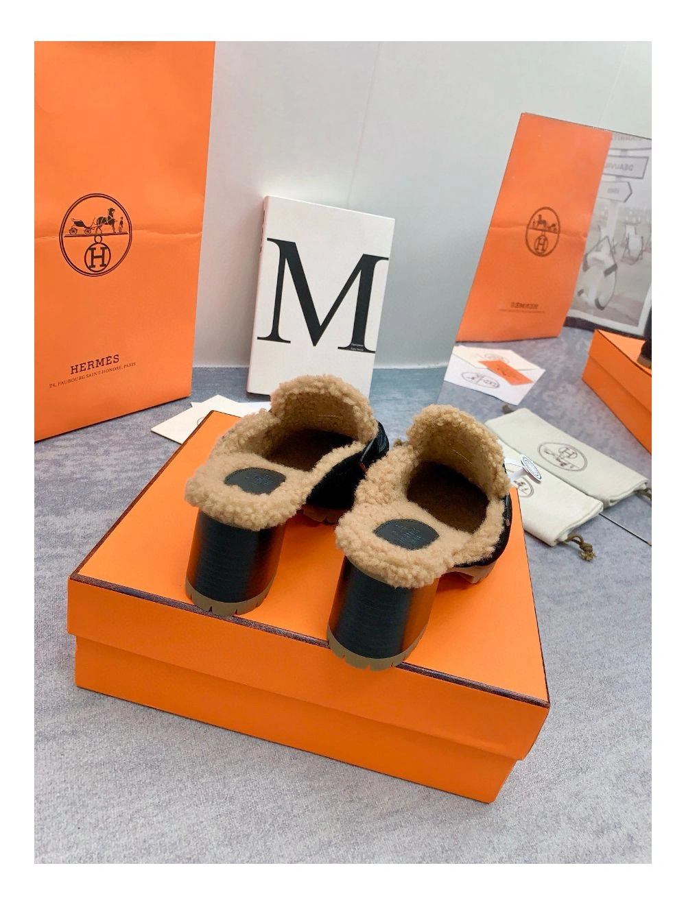 Hermes Flore 60 Mules in Black Suede with Shearling