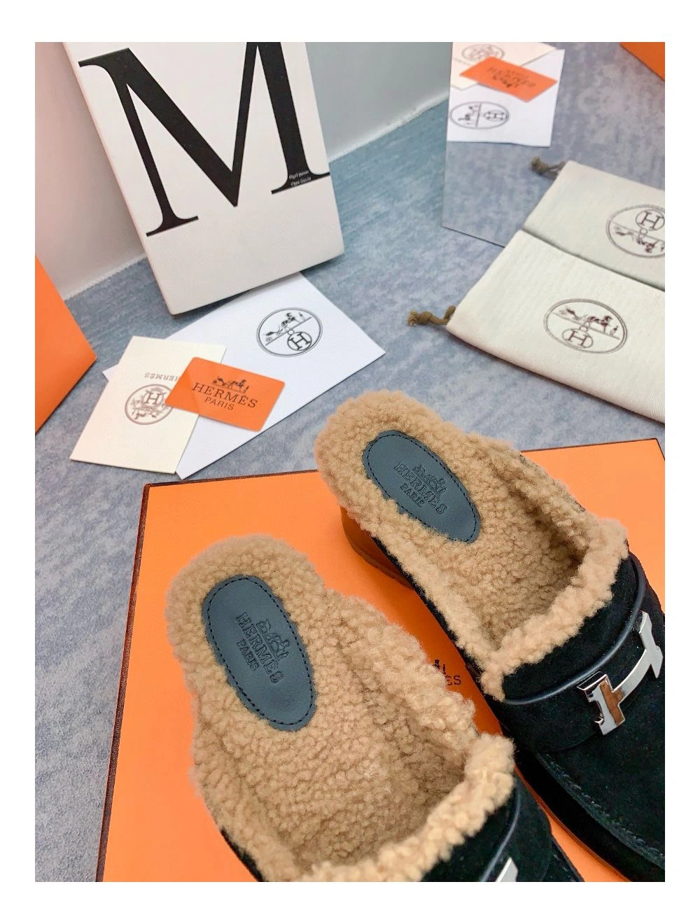 Hermes Flore 60 Mules in Black Suede with Shearling