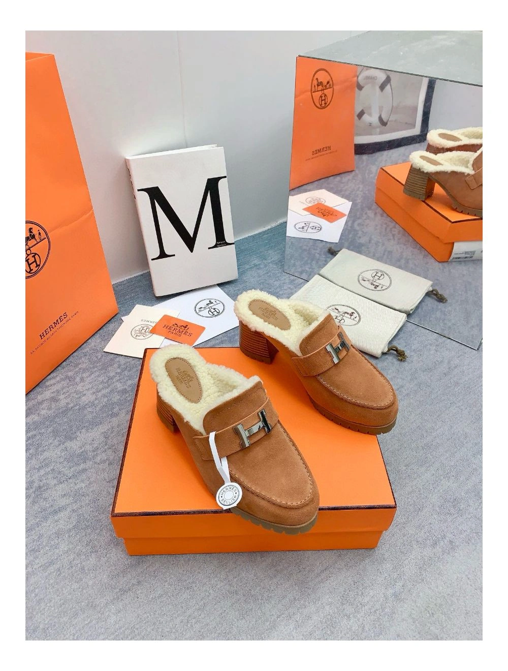 Hermes Flore 60 Mules in Brown Suede with Shearling