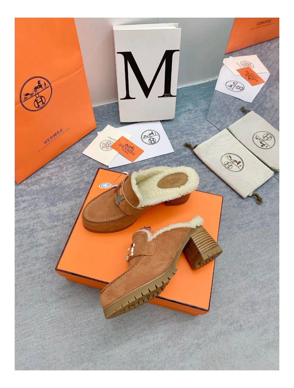 Hermes Flore 60 Mules in Brown Suede with Shearling