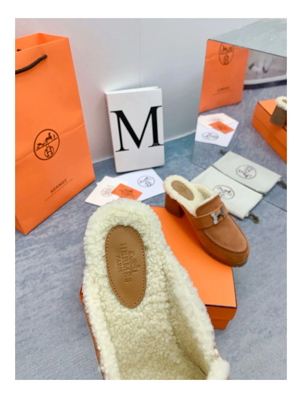 Hermes Flore 60 Mules in Brown Suede with Shearling