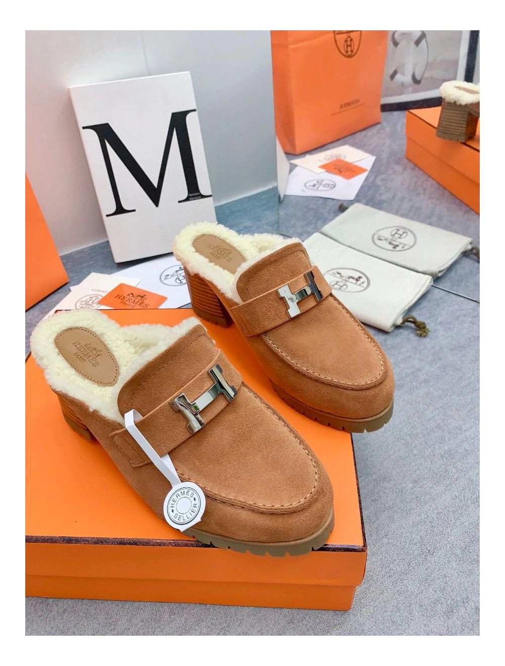 Hermes Flore 60 Mules in Brown Suede with Shearling