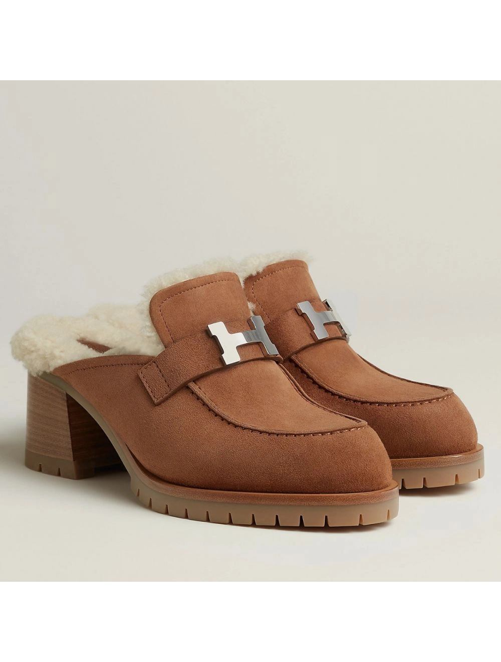 Hermes Flore 60 Mules in Brown Suede with Shearling