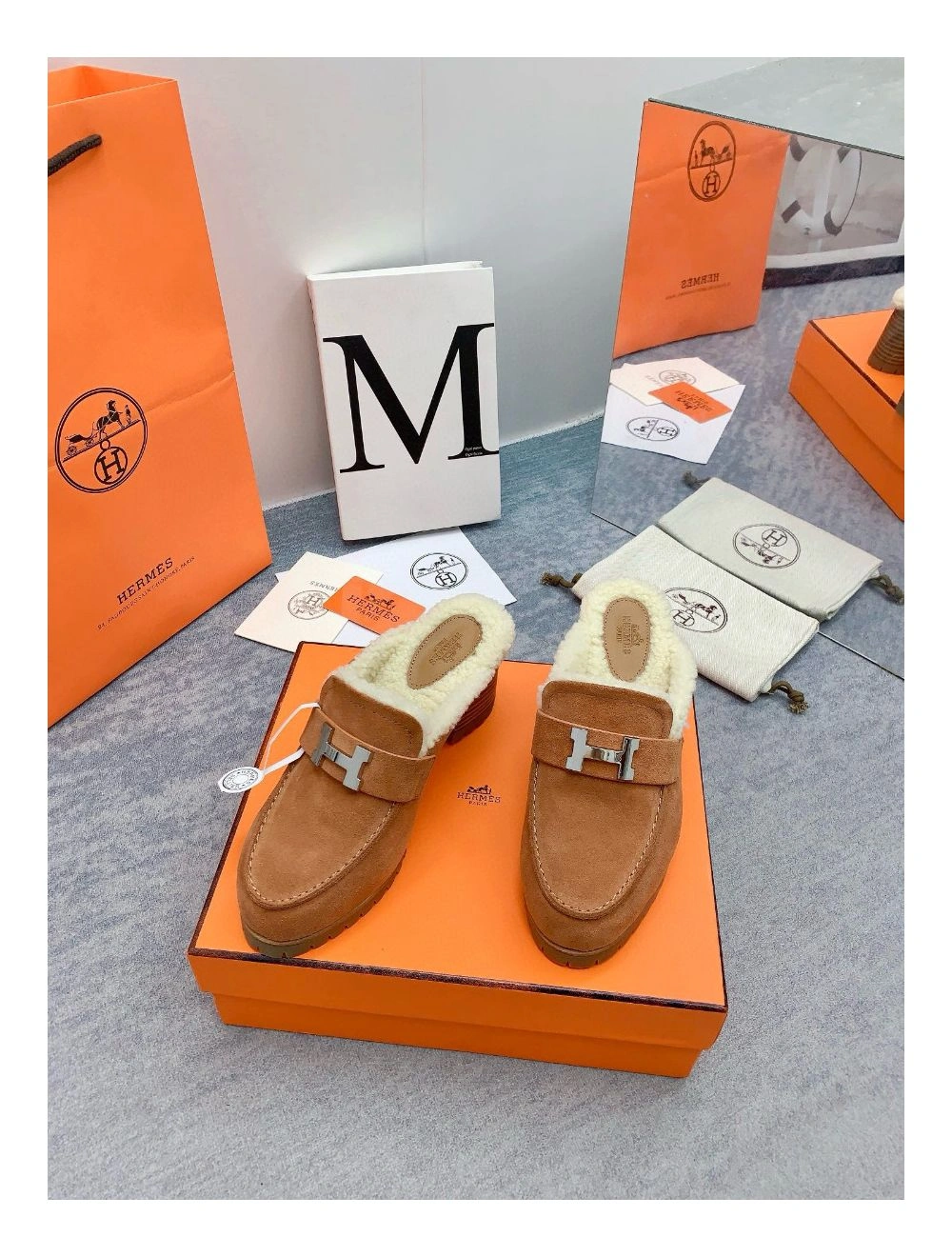 Hermes Flore 60 Mules in Brown Suede with Shearling