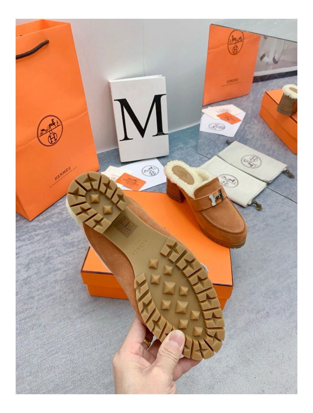 Hermes Flore 60 Mules in Brown Suede with Shearling