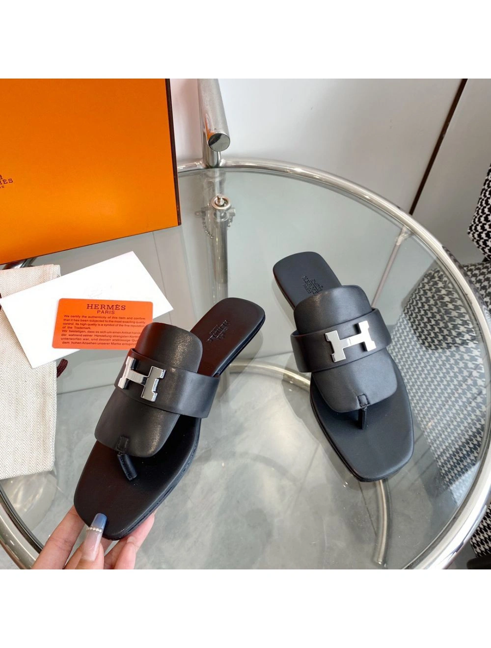Hermes Galerie Sandals In Black Calfskin
