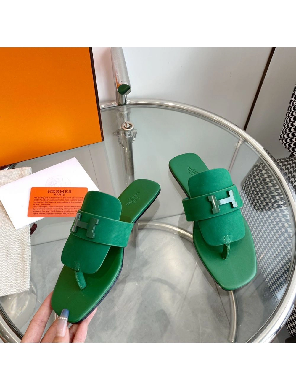 Hermes Galerie Sandals In Green Suede Leather