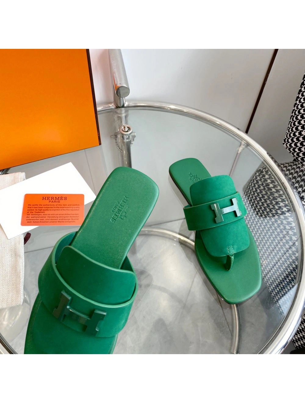 Hermes Galerie Sandals In Green Suede Leather