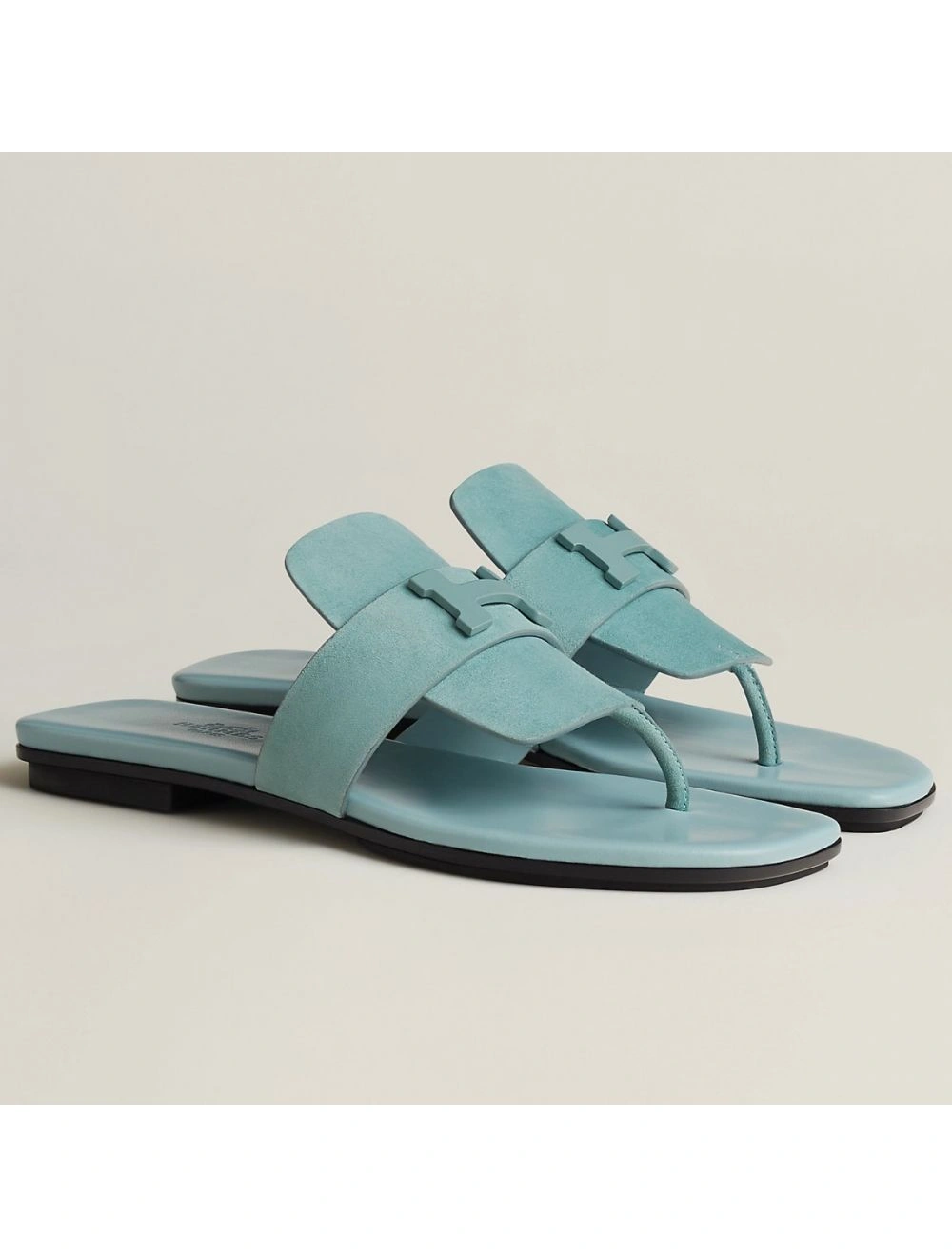 Hermes Galerie Sandals In Vert D’eau Suede Leather