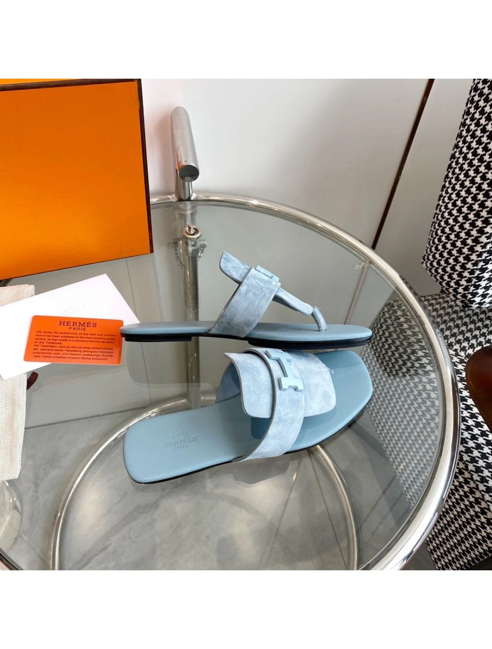 Hermes Galerie Sandals In Vert D’eau Suede Leather