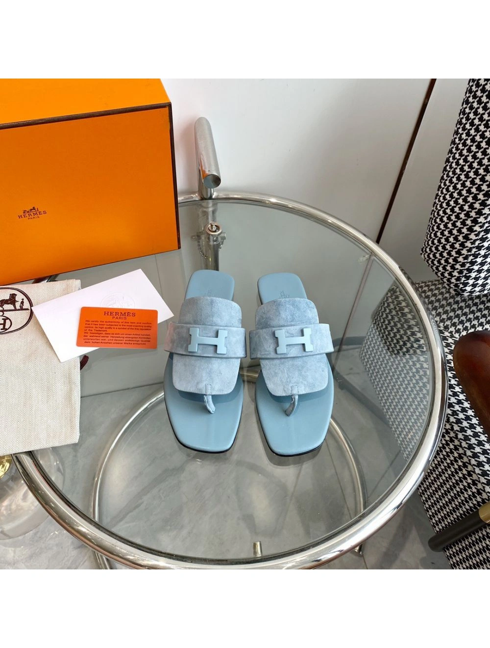 Hermes Galerie Sandals In Vert D’eau Suede Leather