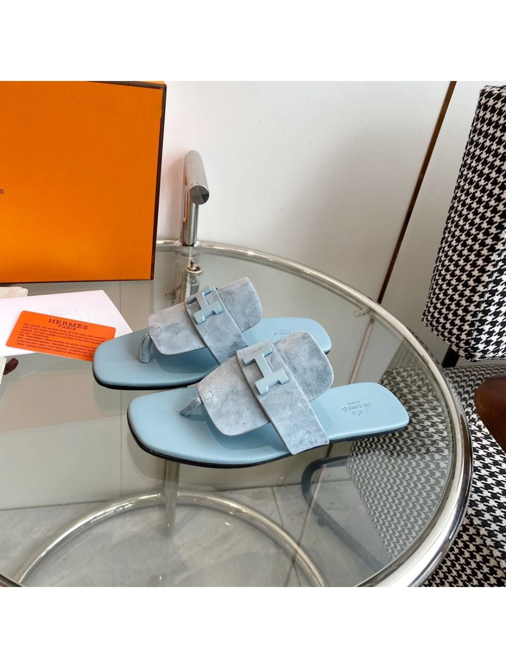 Hermes Galerie Sandals In Vert D’eau Suede Leather