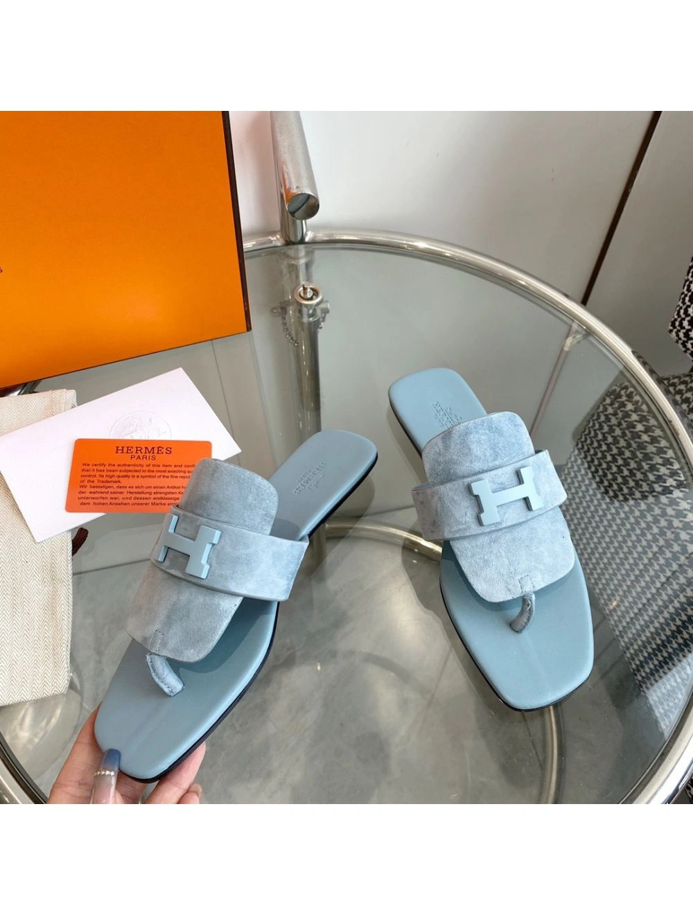 Hermes Galerie Sandals In Vert D’eau Suede Leather