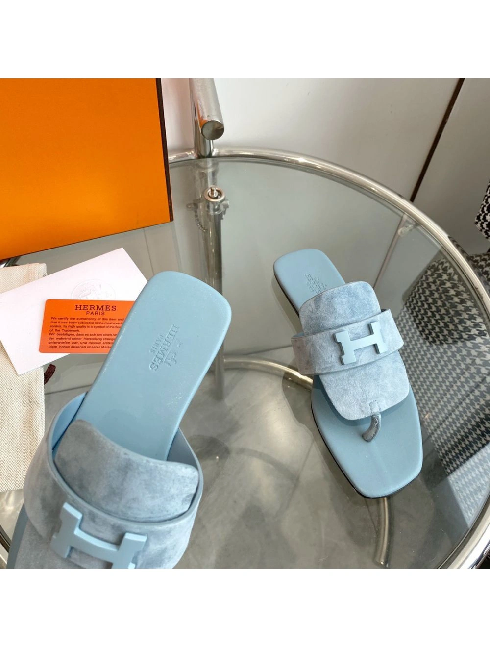 Hermes Galerie Sandals In Vert D’eau Suede Leather