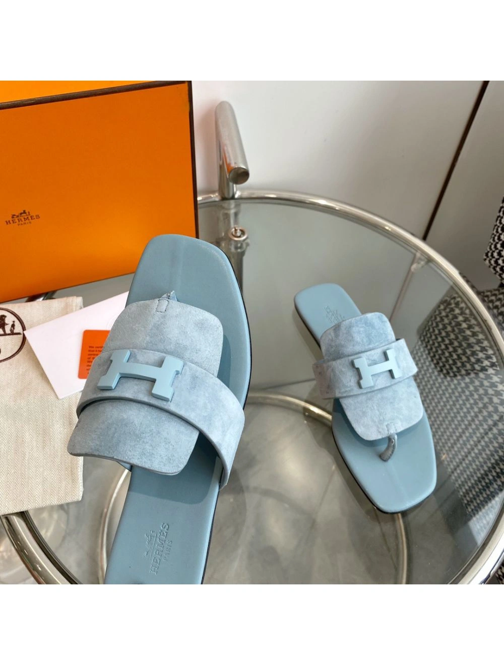 Hermes Galerie Sandals In Vert D’eau Suede Leather