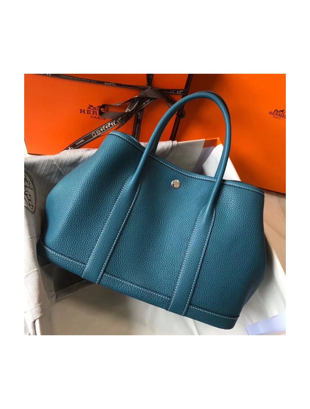 Hermes Garden Party 30 Bag In Blue Jean Taurillon Leather