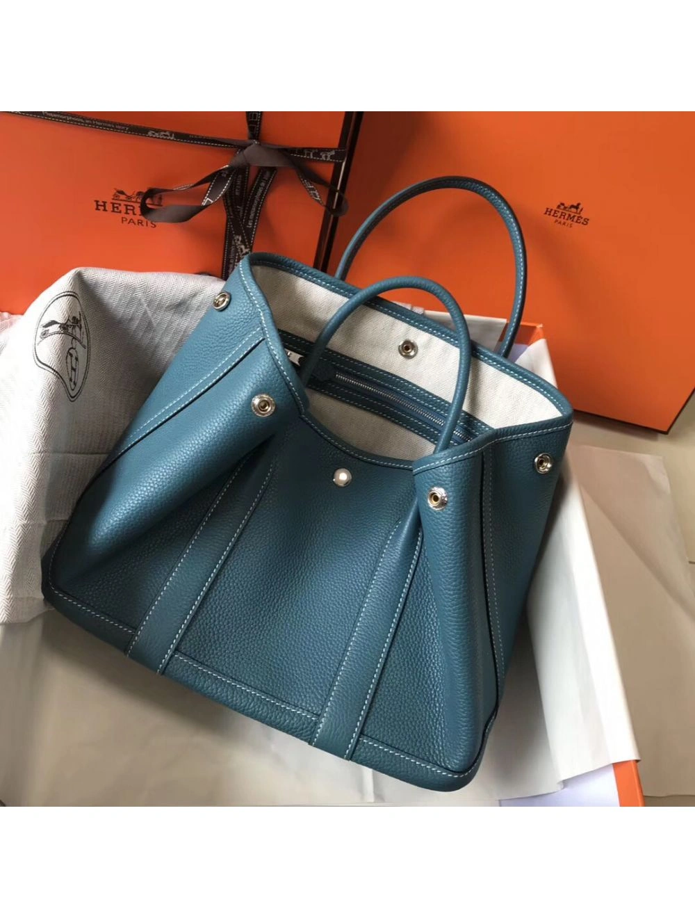 Hermes Garden Party 30 Bag In Blue Jean Taurillon Leather
