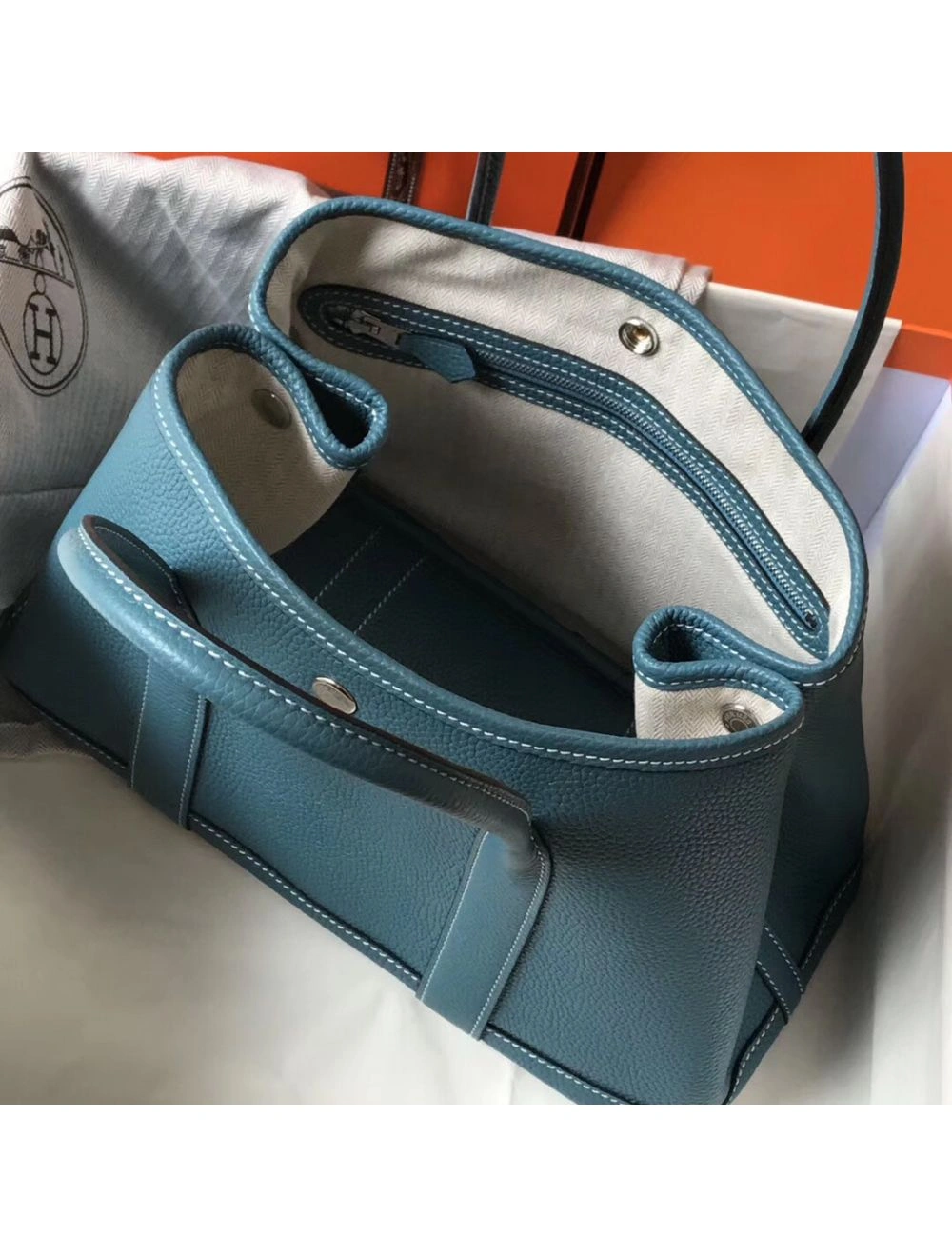 Hermes Garden Party 30 Bag In Blue Jean Taurillon Leather