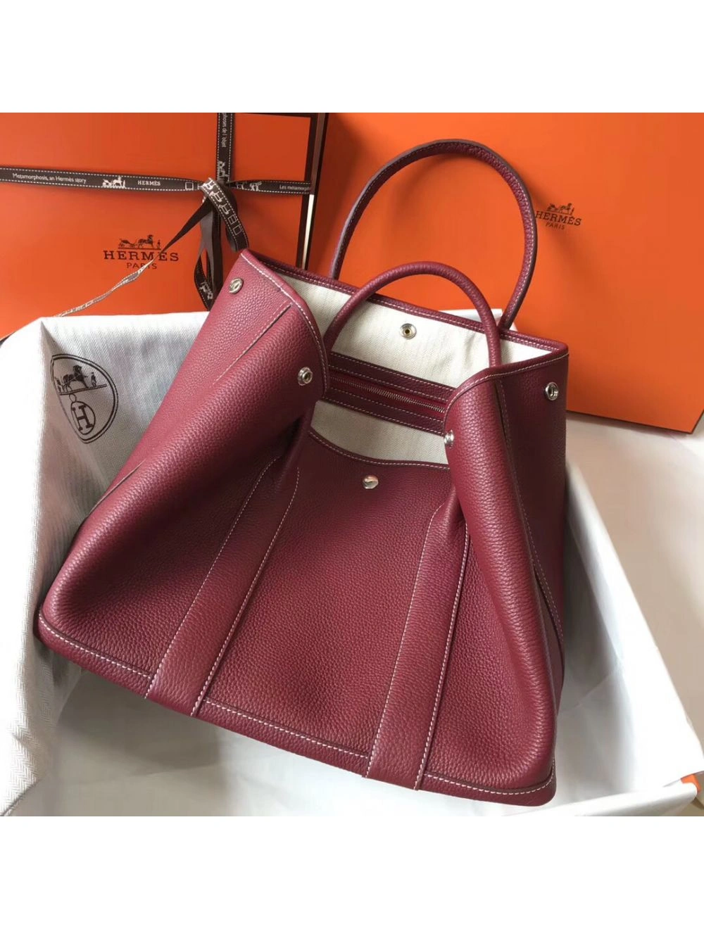 Hermes Garden Party 30 Bag In Bordeaux Taurillon Leather