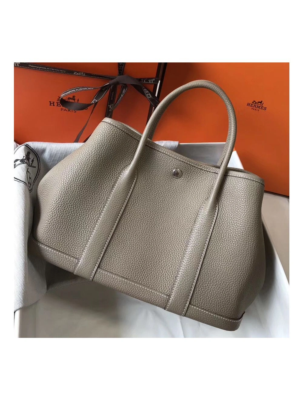 Hermes Garden Party 30 Bag In Grey Taurillon Leather