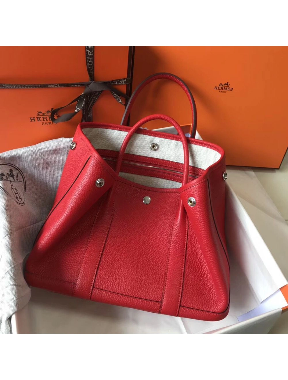 Hermes Garden Party 30 Bag In Red Taurillon Leather