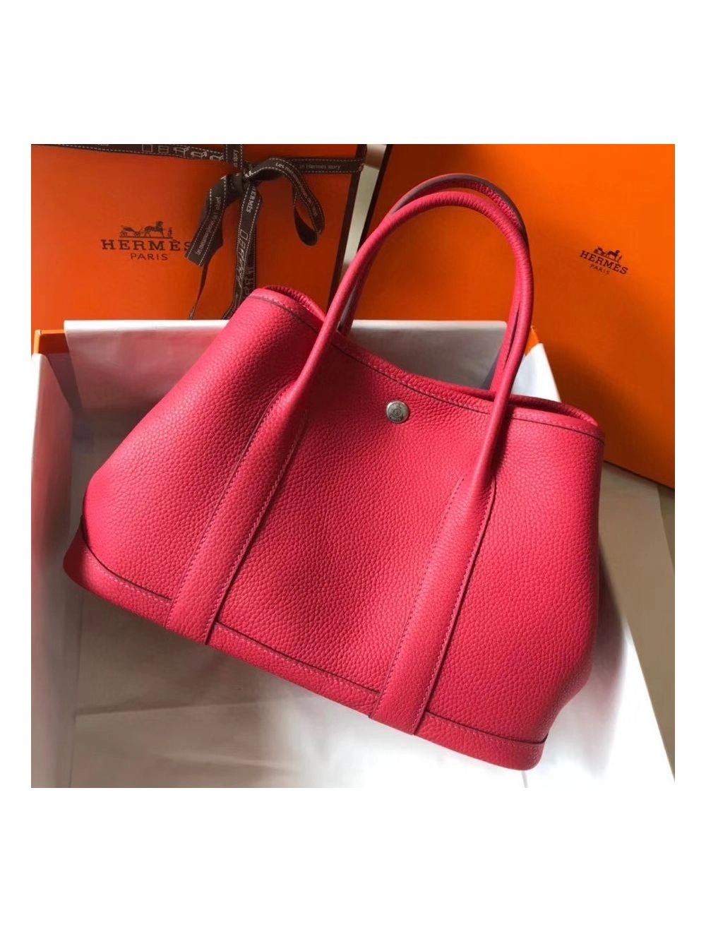 Hermes Garden Party 30 Bag In Rose Red Taurillon Leather