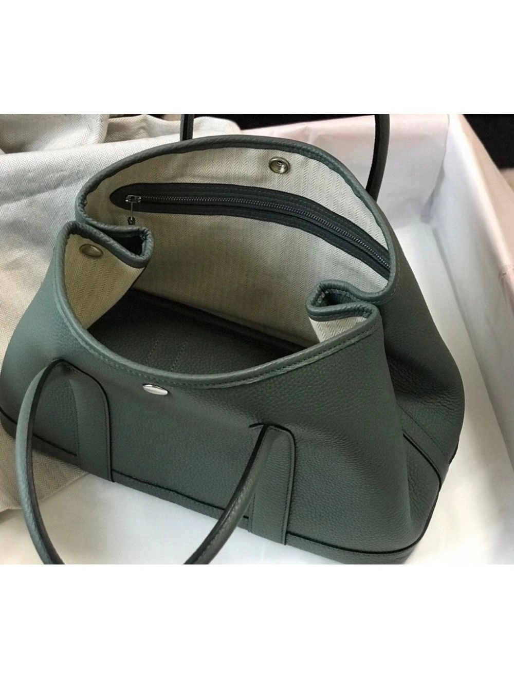 Hermes Garden Party 30 Bag In Vert Amande Taurillon Leather
