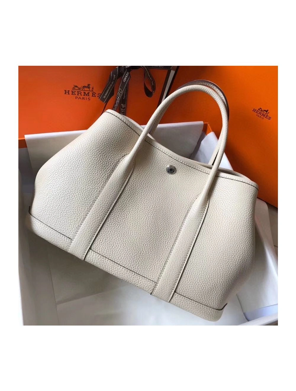 Hermes Garden Party 30 Bag In White Taurillon Leather