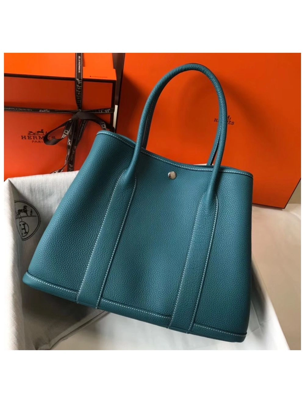 Hermes Garden Party 36 Bag In Blue Jean Clemence Leather