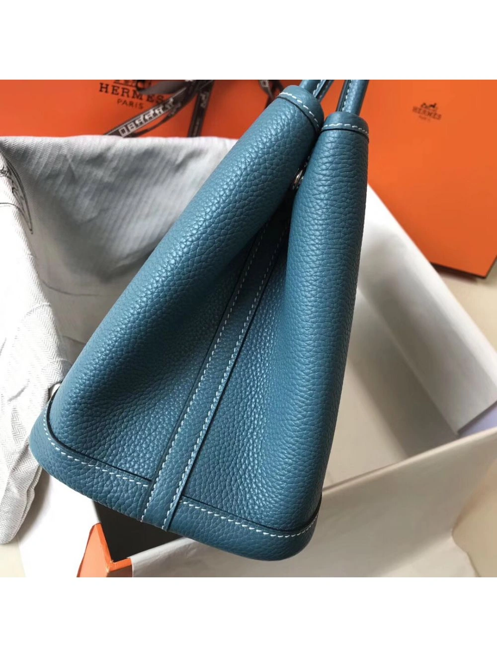 Hermes Garden Party 36 Bag In Blue Jean Clemence Leather