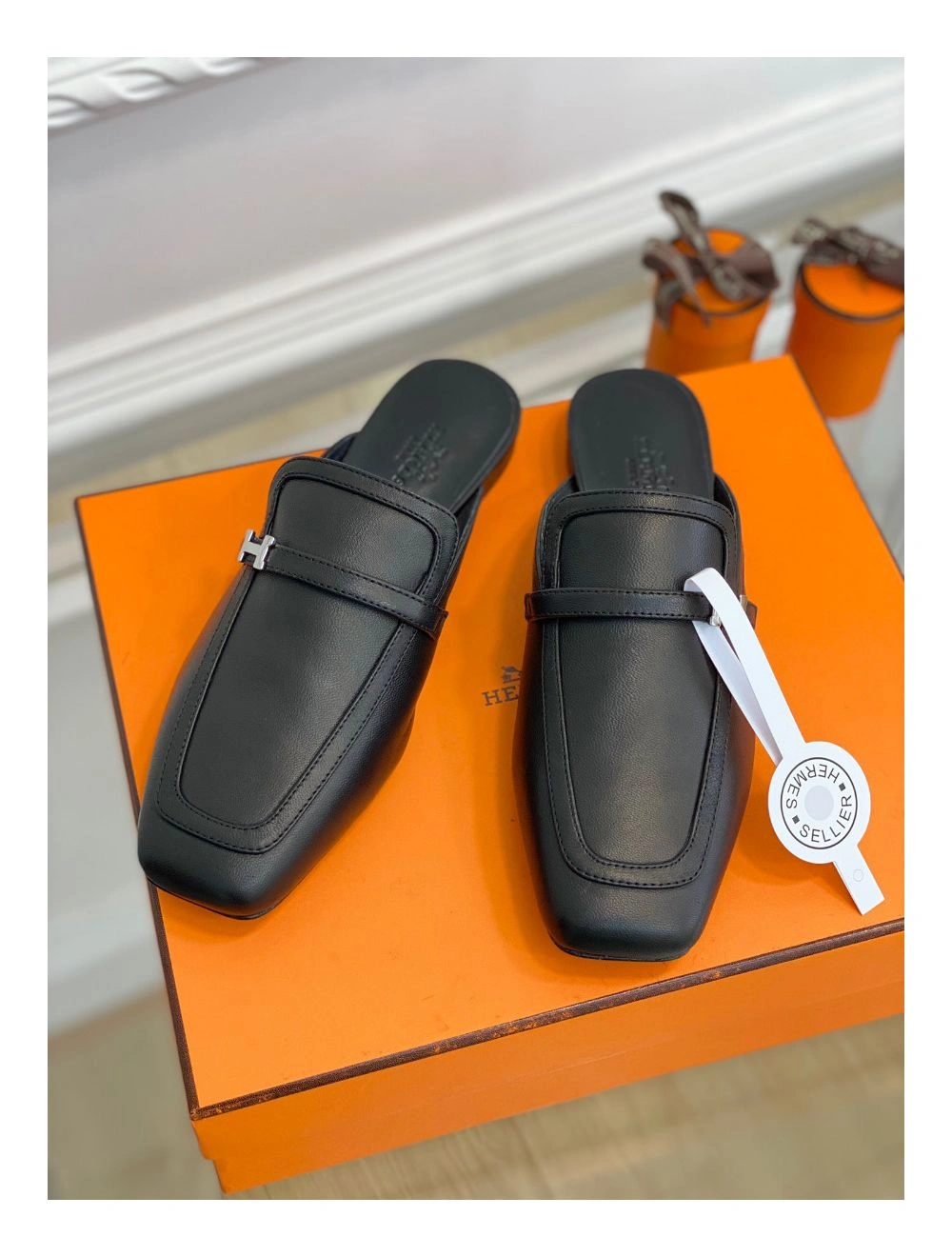 Hermes Groupie Mules in Black Calfskin