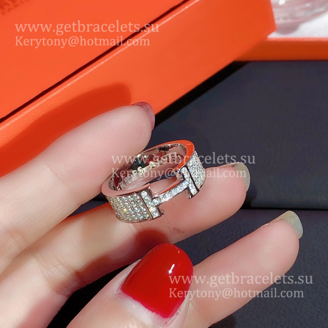 Hermes H LOGO Ring White Gold With Pave Diamonds Newest Design Women Jewelry