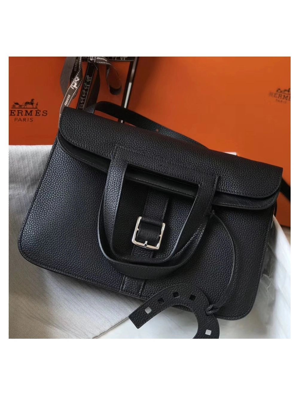 Hermes Halzan 31cm Bag In Black Clemence Leather