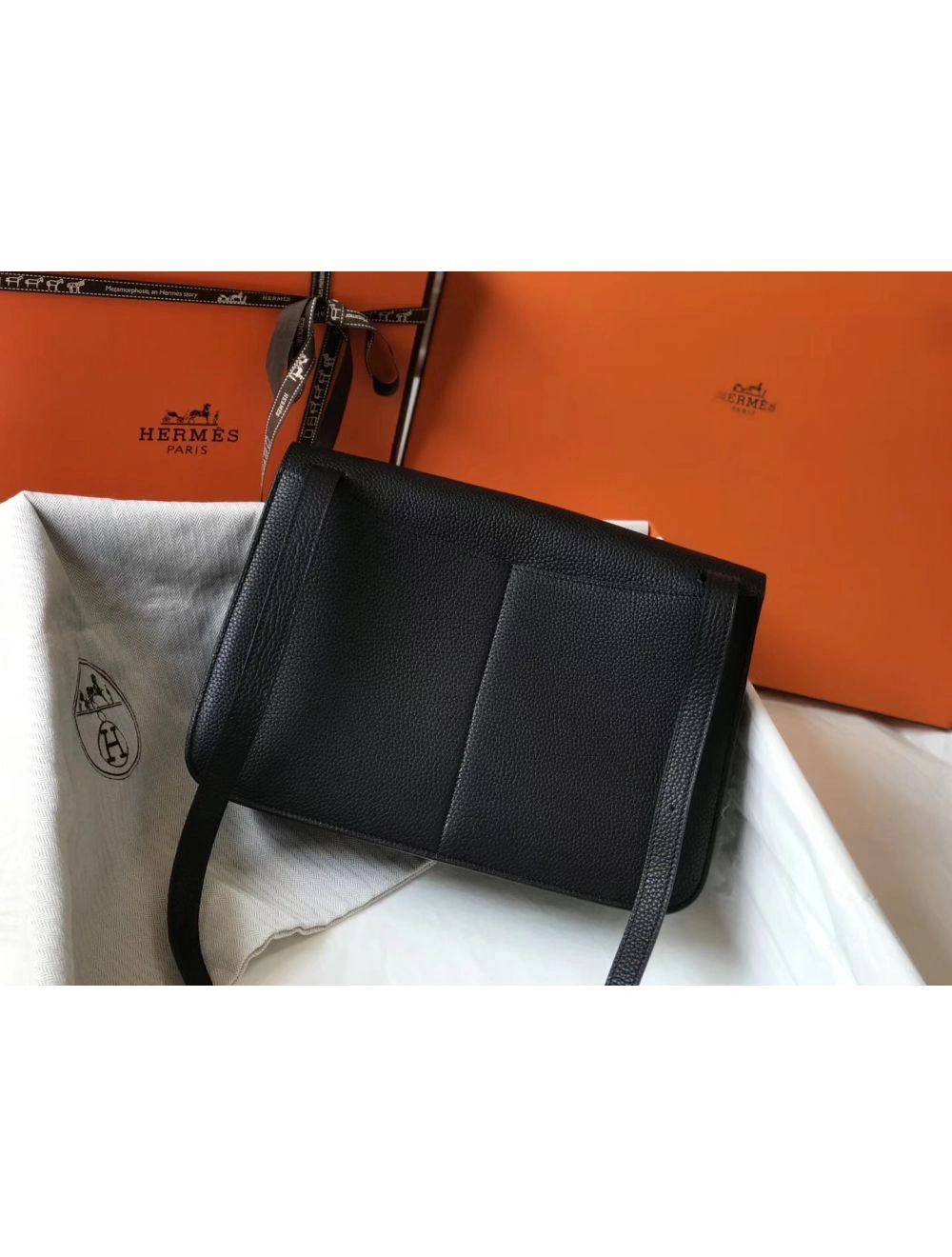 Hermes Halzan 31cm Bag In Black Clemence Leather